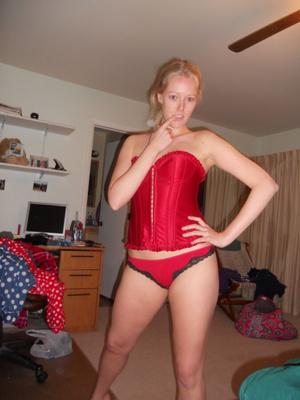 Sexy blonde fucked in red corset