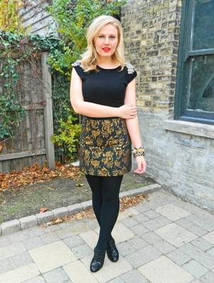 Petite blond fashionista chick in boots and tights